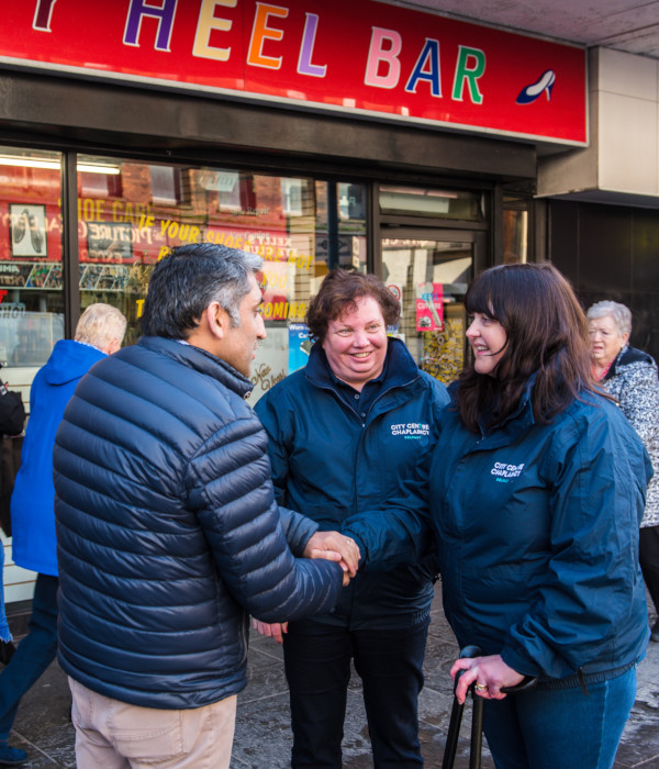 Chaplains speaking with a local in Belfast City Centre